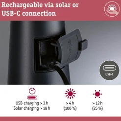 Clearance Paulmann Aurinkokennopöytävalaisin Soala 30.6cm 2700K 165lm 2.1W USB antrasiitti