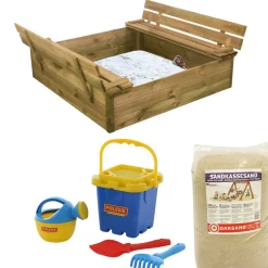 Best Nordic Play Hiekkalaatikko 120x120cm kanneksi taittuvat penkit sis, 240kg hiekkaa ja sininen hiekkalelusetti