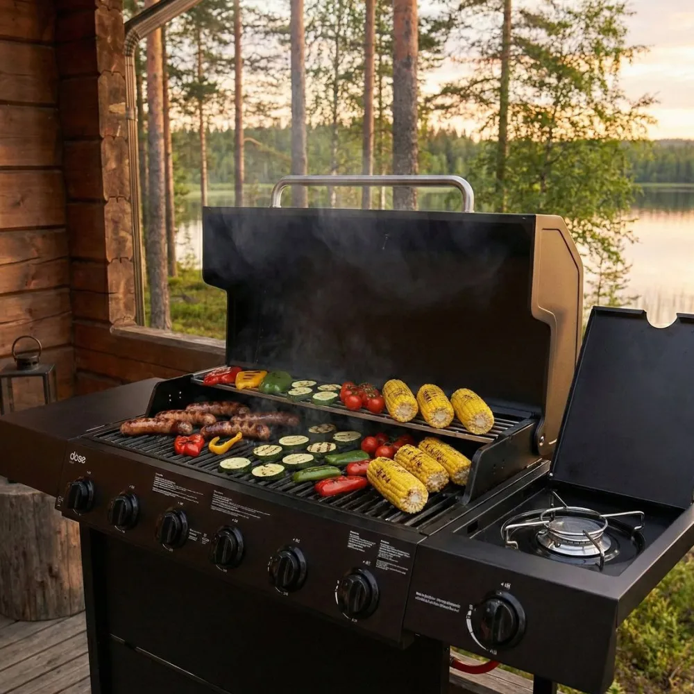 Hot Dose Kaasugrilli Barbeque 10141, 6 poltinta, sivukeitin, musta
