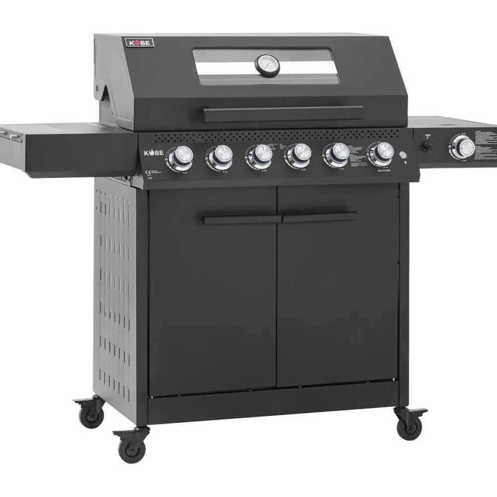 Outlet Kobe Kaasugrilli Premium 6+1, 5 poltinta, sivukeitin, Sear-poltin, lasikansi, musta