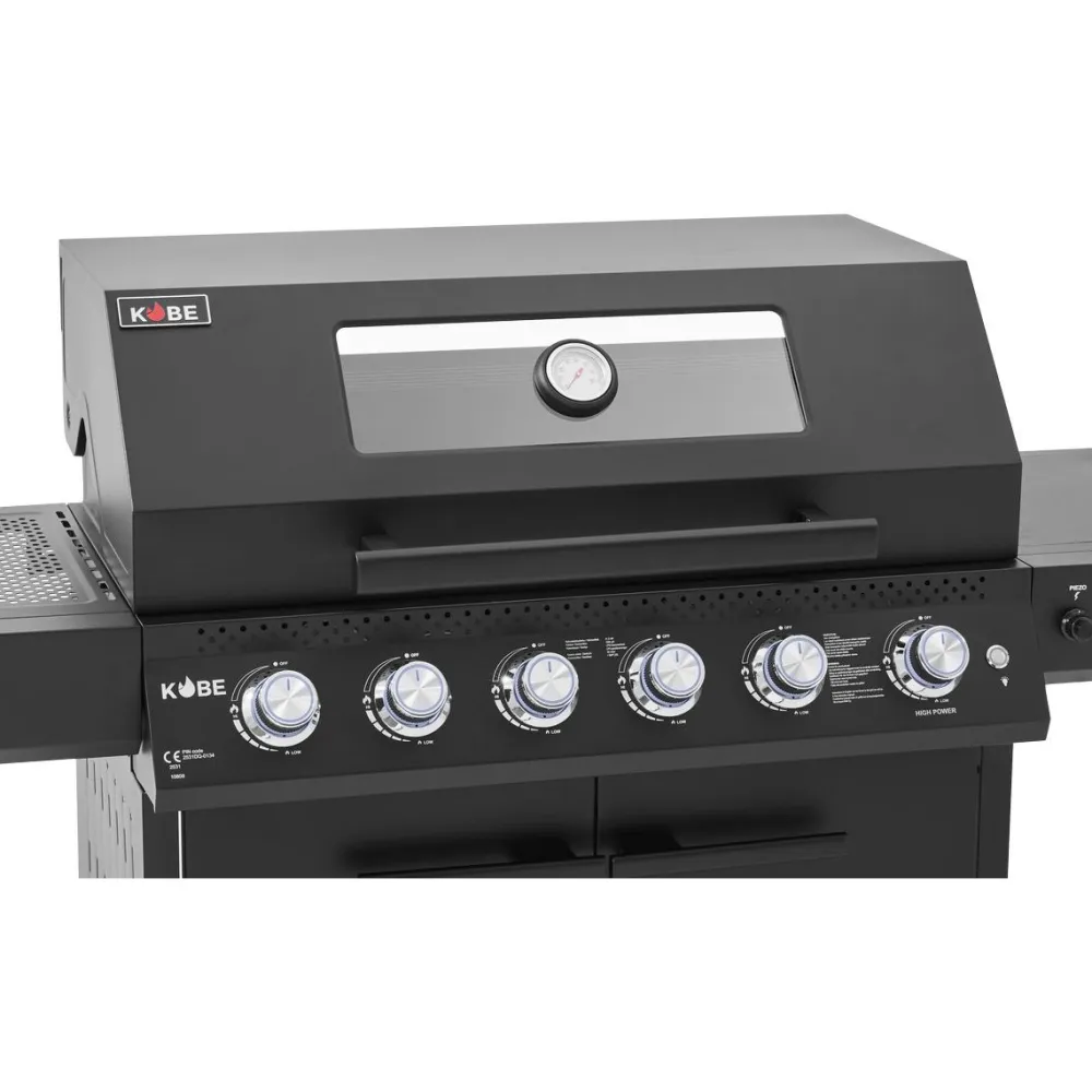 Outlet Kobe Kaasugrilli Premium 6+1, 5 poltinta, sivukeitin, Sear-poltin, lasikansi, musta
