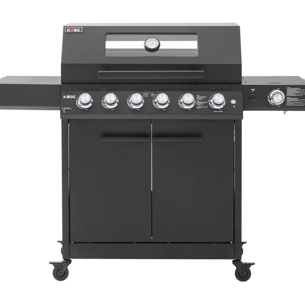 Outlet Kobe Kaasugrilli Premium 6+1, 5 poltinta, sivukeitin, Sear-poltin, lasikansi, musta