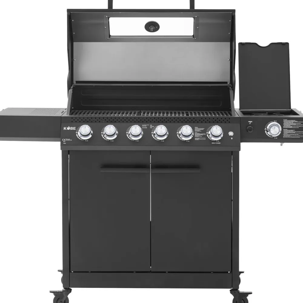 Outlet Kobe Kaasugrilli Premium 6+1, 5 poltinta, sivukeitin, Sear-poltin, lasikansi, musta