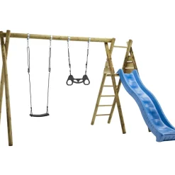 Discount Nordic Play Keinuteline sis, keinuistuin trapetsikeinu keinukiinnikket ja sininen liukumäki