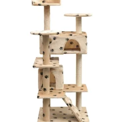 Online FinePRICE Kissan raapimispuu, sisal-pylväillä, 2 pesällä, 125cm, tassukuvio, beige