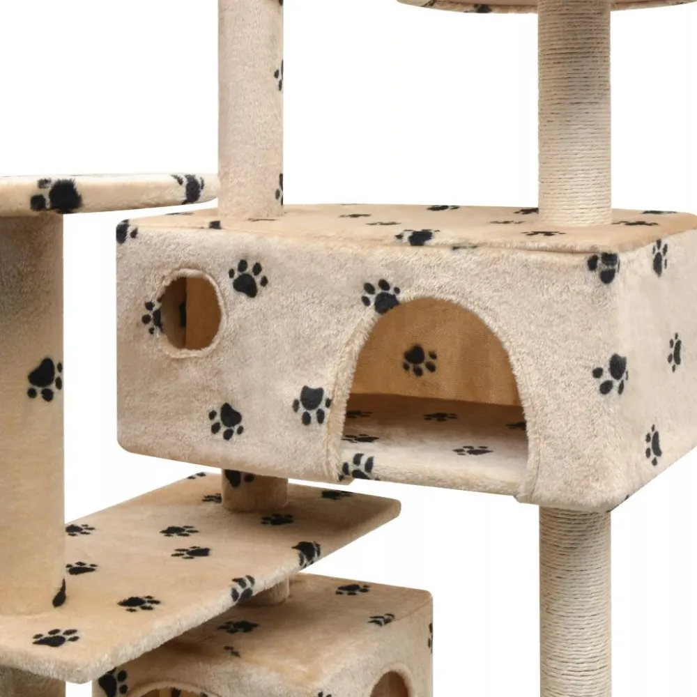 Online FinePRICE Kissan raapimispuu, sisal-pylväillä, 2 pesällä, 125cm, tassukuvio, beige
