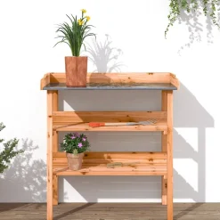 Clearance FinePRICE Kukkapöytä hyllyillä ruskea 78x38x82,5 cm täysi kuusi (56353)