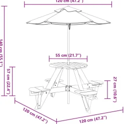 New FinePRICE Lasten piknikpöytä 4 lapselle aurinkovarjo pyöreä täysi kuusi (81624)