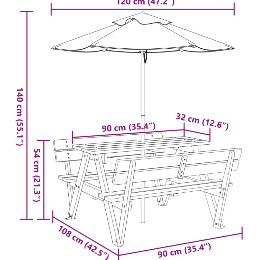 New FinePRICE Lasten piknikpöytä 4 lapselle aurinkovarjolla täysi kuusi (81618)
