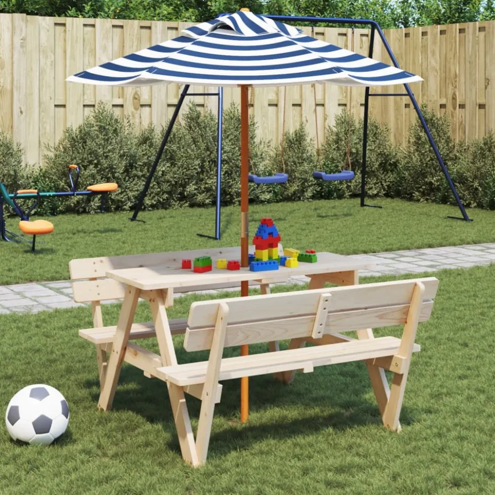New FinePRICE Lasten piknikpöytä 4 lapselle aurinkovarjolla täysi kuusi (81618)