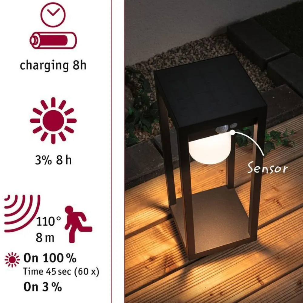 Sale Paulmann LED-aurinkokennovalaisin Marisol, IP44, 3000K, liiketunnistin, musta