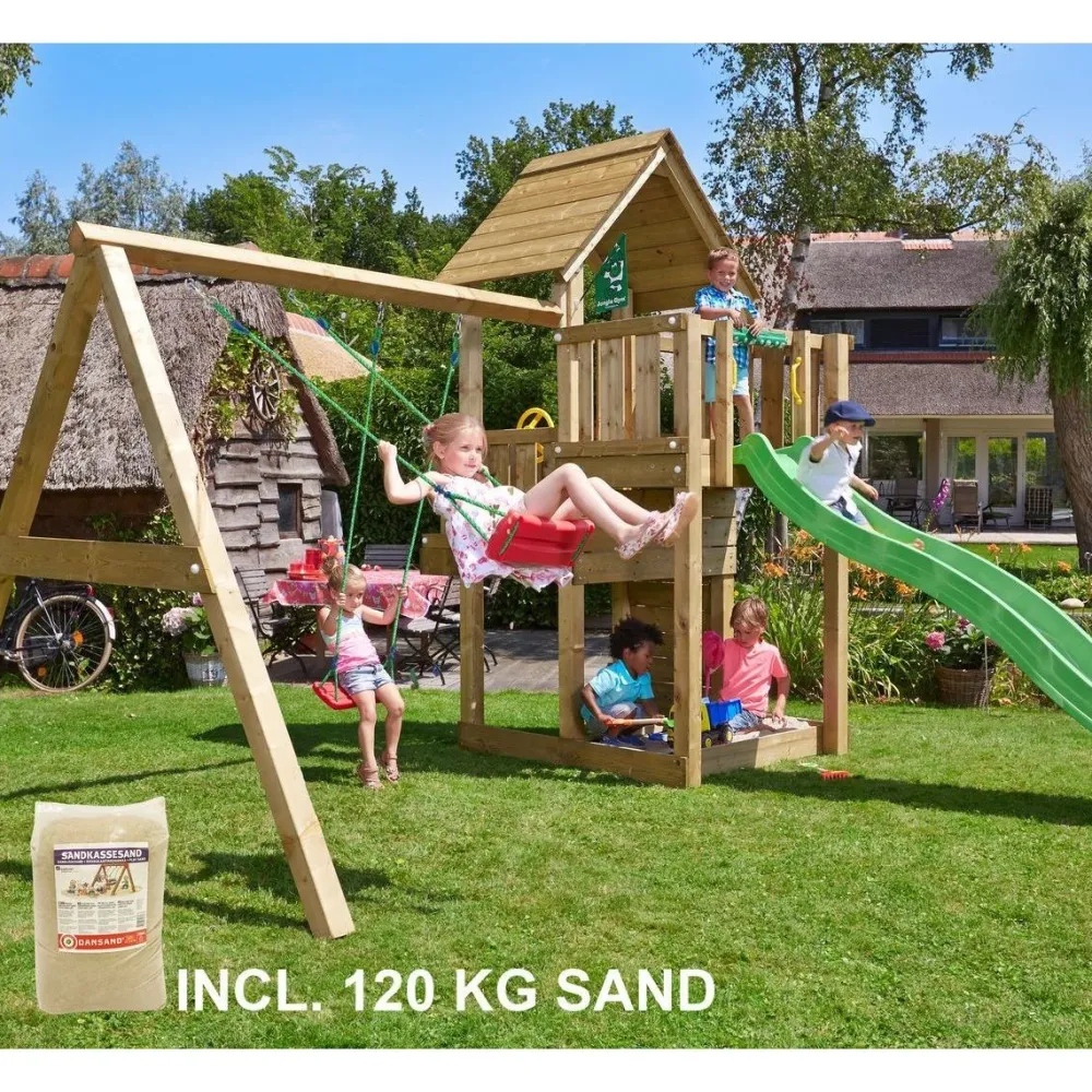 Jungle Gym Leikkikeskus Cubby ja Swing Module X'tra sis. 120 kg hiekkaa ja vihreän liukumäen