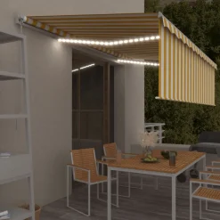 New FinePRICE Manuaalisesti kelattava markiisi 2 verho/LED 3x2,5 m keltainen/valkoinen