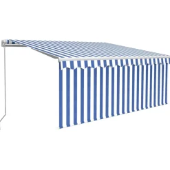 Sale FinePRICE Manuaalisesti kelattava markiisi 2 verhoilla 3x2,5m sininen/valkoinen