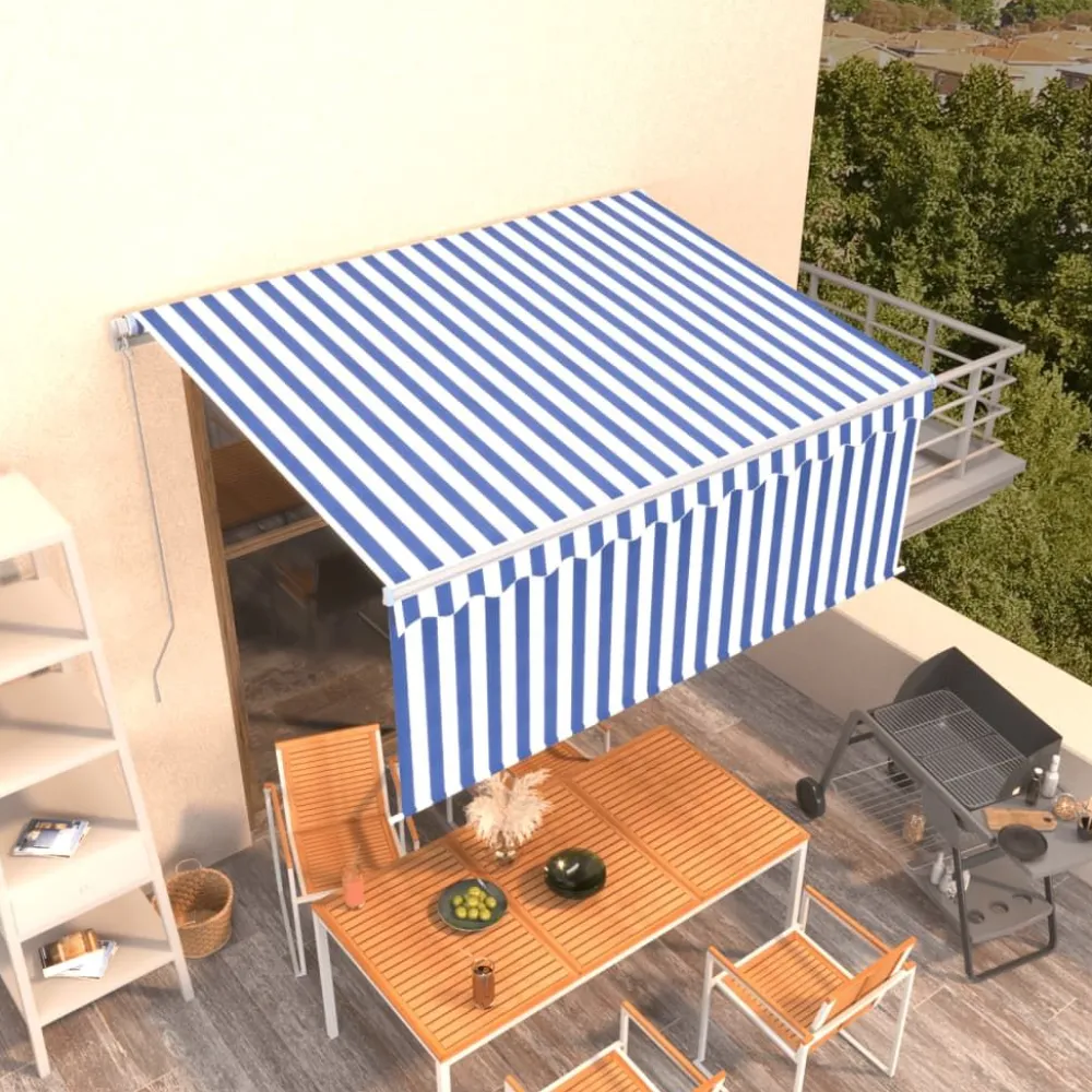 Sale FinePRICE Manuaalisesti kelattava markiisi 2 verhoilla 3x2,5m sininen/valkoinen