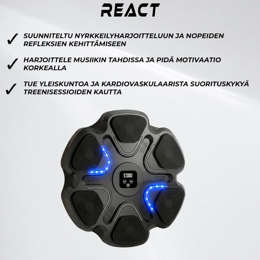Best React Nyrkkeilykone Bluetooth Pro, sis. hanskat, latauskaapeli, käyttöohje ja kiinnitysteipit