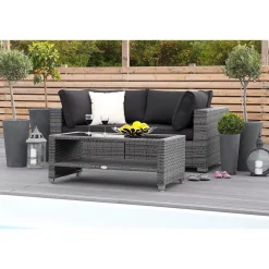 Online Comfort Garden Oleskeluryhmä Bahamas 2-istuttava sohva + sohvapöytä hyllyllä tummanharmaa/musta