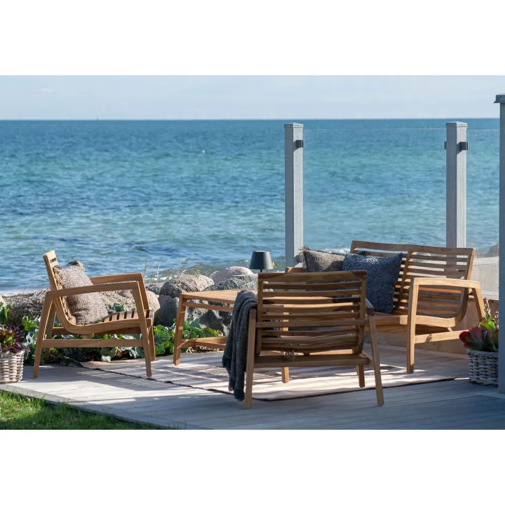 Outlet House Nordic Oleskeluryhmä Santander, 2-istuttava penkki + 2 lepotuolia + pöytä, pehmusteilla, tiikki