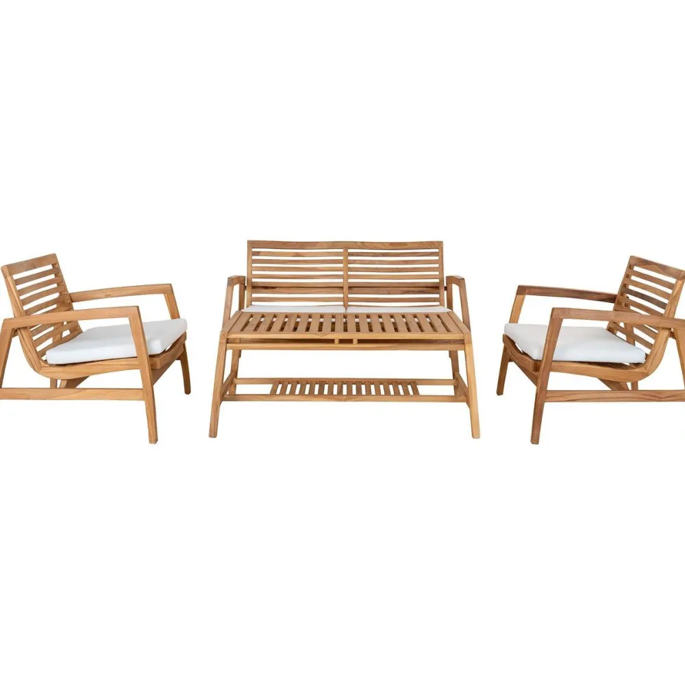 Outlet House Nordic Oleskeluryhmä Santander, 2-istuttava penkki + 2 lepotuolia + pöytä, pehmusteilla, tiikki