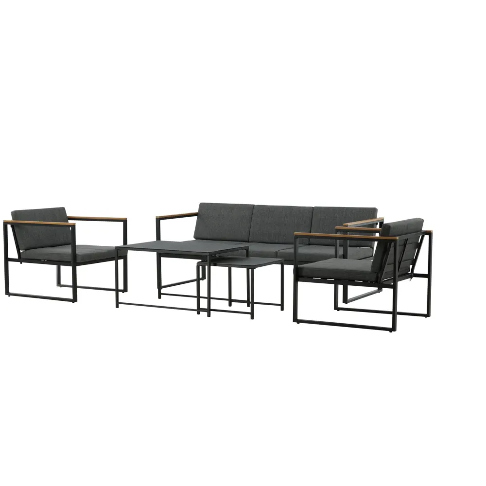 Outlet Venture Home Oleskeluryhmä Dakar, 3-istuttava sohva + 2 lepotuolia + sarjapöytä, harmaa/musta