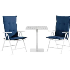 Outlet Comfort Garden Parvekeryhmä Tunis neliö 2 Maggie säätötuolia + siniset pehmusteet valkoinen