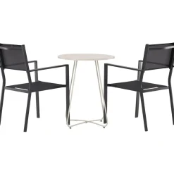 Online Venture Home Parvekeryhmä , ø60cm beige Bacong-pöytä + 2 mustaa, pinottavaa Copacabana-tuolia