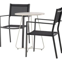 Online Venture Home Parvekeryhmä , ø60cm beige Bacong-pöytä + 2 mustaa, pinottavaa Copacabana-tuolia