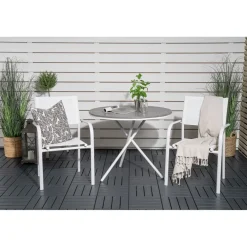Outlet Venture Home Parvekeryhmä , ø90cm harmaa-valkoinen Parma-pöytä + 2 valkoista, pinottavaa Santorini-tuolia
