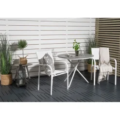Outlet Venture Home Parvekeryhmä , ø90cm harmaa-valkoinen Parma-pöytä + 2 valkoista, pinottavaa Santorini-tuolia