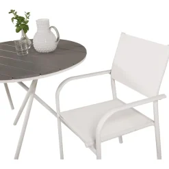 Outlet Venture Home Parvekeryhmä , ø90cm harmaa-valkoinen Parma-pöytä + 2 valkoista, pinottavaa Santorini-tuolia