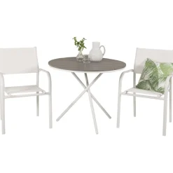 Outlet Venture Home Parvekeryhmä , ø90cm harmaa-valkoinen Parma-pöytä + 2 valkoista, pinottavaa Santorini-tuolia