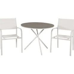 Outlet Venture Home Parvekeryhmä , ø90cm harmaa-valkoinen Parma-pöytä + 2 valkoista, pinottavaa Santorini-tuolia