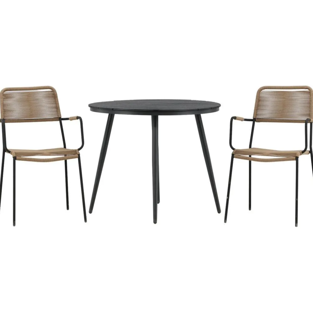 Outlet Venture Home Parvekeryhmä , ø90cm, musta Break-pöytä + 2 ruskeaa Lindos-tuolia, käsinojilla