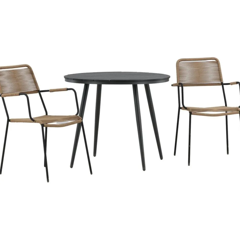 Outlet Venture Home Parvekeryhmä , ø90cm, musta Break-pöytä + 2 ruskeaa Lindos-tuolia, käsinojilla