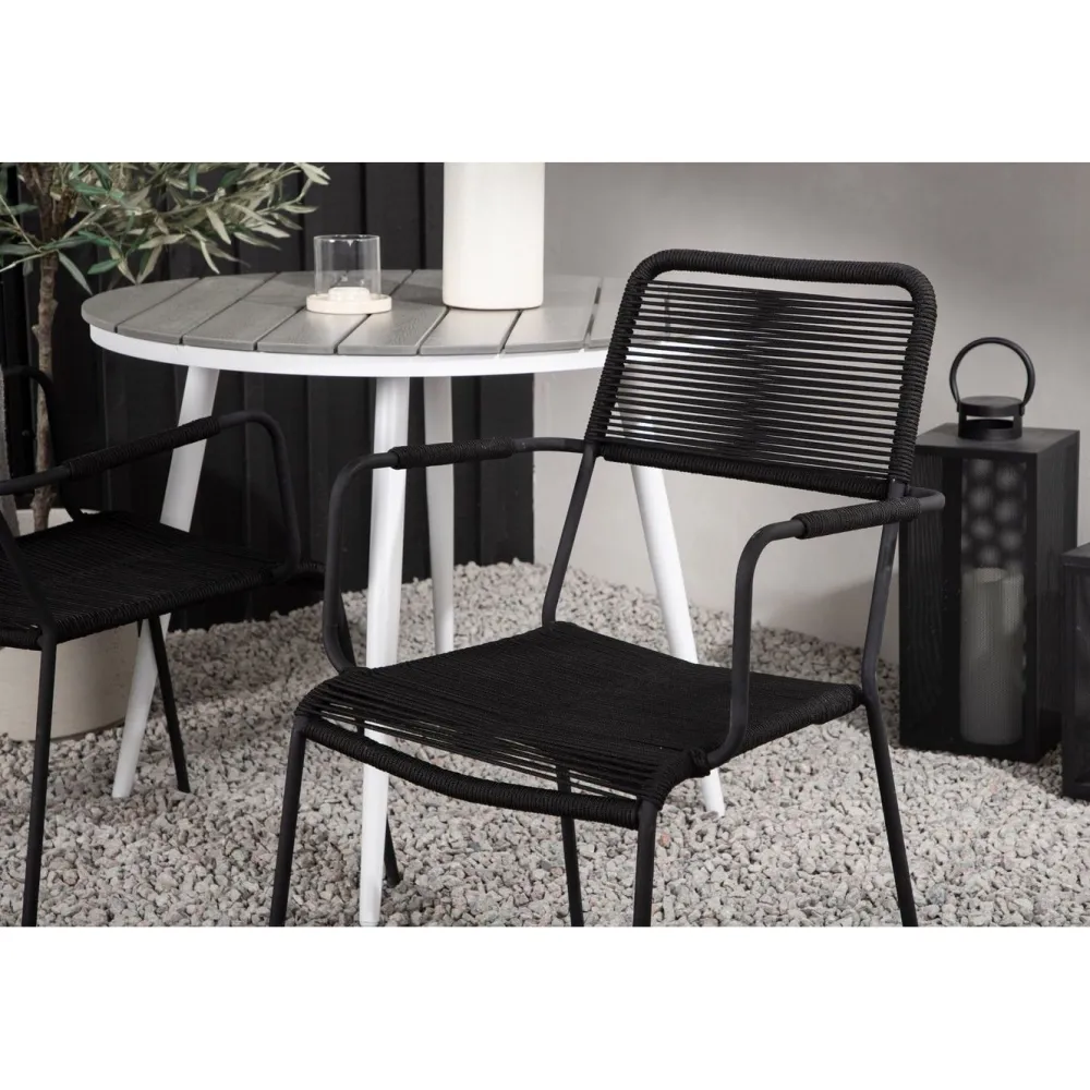 Outlet Venture Home Parvekeryhmä , ø90cm, musta Break-pöytä + 2 ruskeaa Lindos-tuolia, käsinojilla