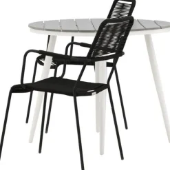 Outlet Venture Home Parvekeryhmä , ø90cm, musta Break-pöytä + 2 ruskeaa Lindos-tuolia, käsinojilla