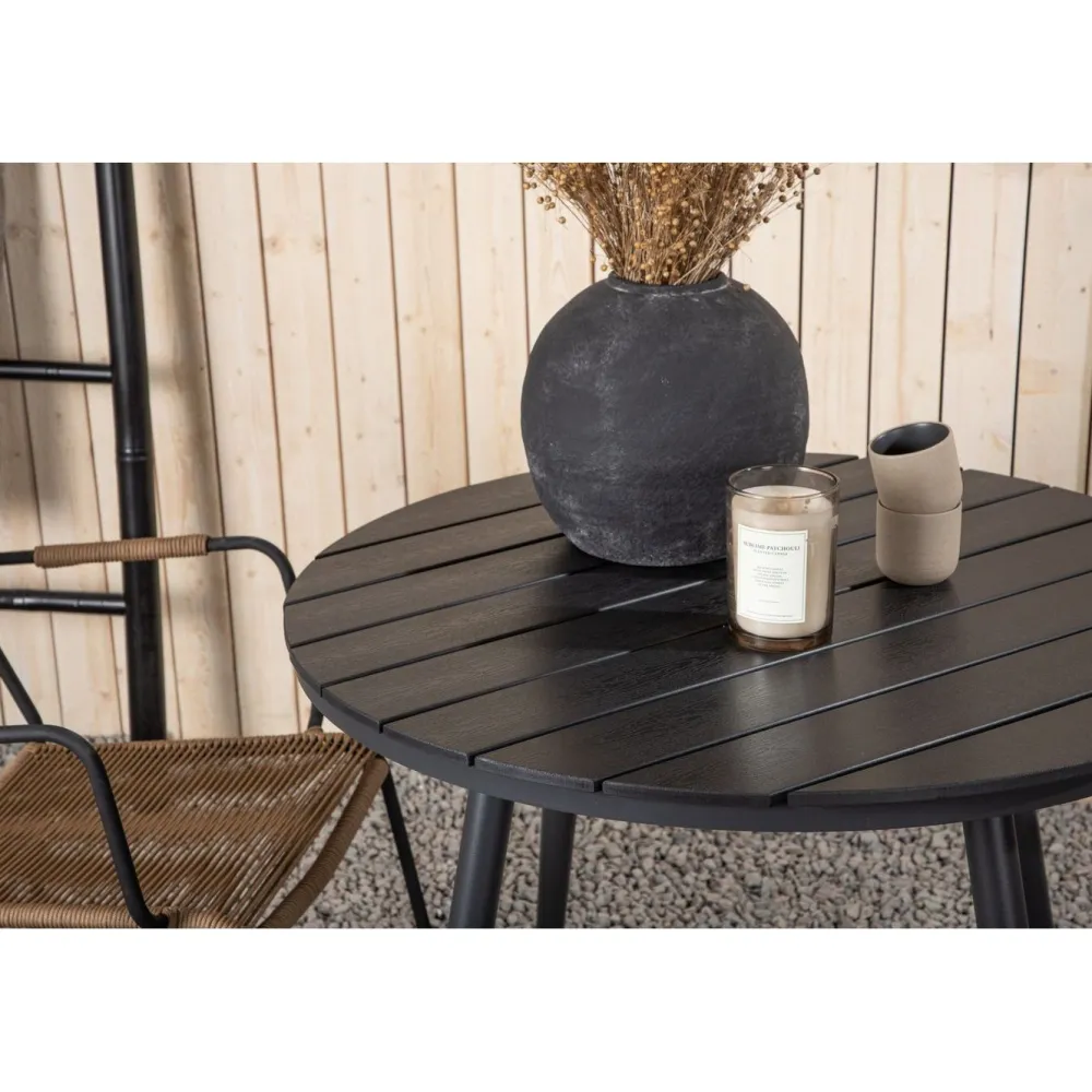 Outlet Venture Home Parvekeryhmä , ø90cm, musta Break-pöytä + 2 ruskeaa Lindos-tuolia, käsinojilla