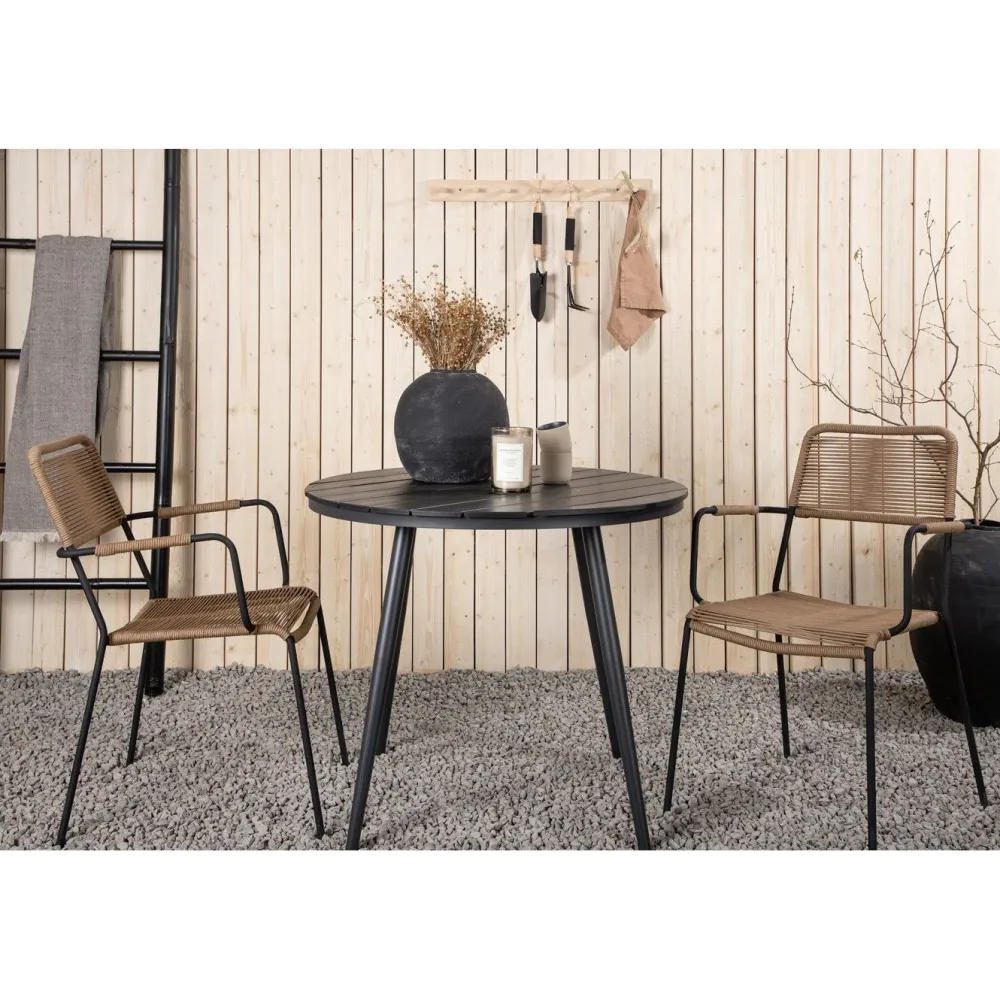 Outlet Venture Home Parvekeryhmä , ø90cm, musta Break-pöytä + 2 ruskeaa Lindos-tuolia, käsinojilla