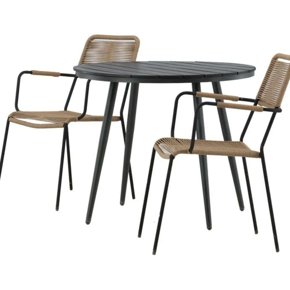 Outlet Venture Home Parvekeryhmä , ø90cm, musta Break-pöytä + 2 ruskeaa Lindos-tuolia, käsinojilla