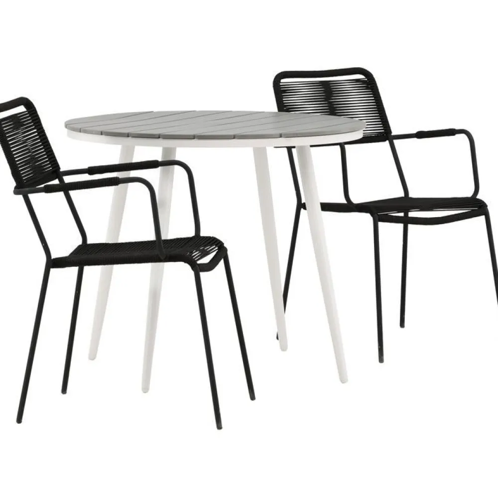 Outlet Venture Home Parvekeryhmä , ø90cm, musta Break-pöytä + 2 ruskeaa Lindos-tuolia, käsinojilla