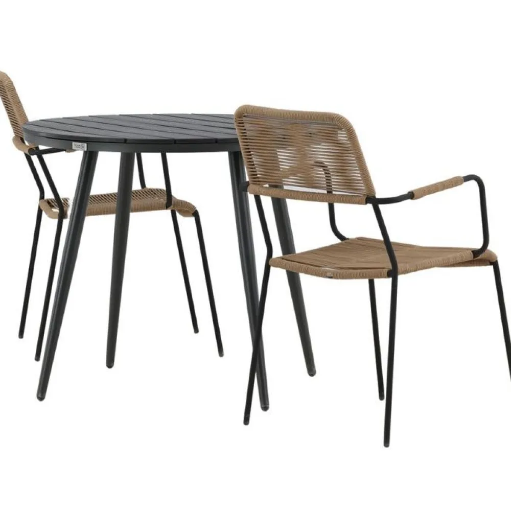 Outlet Venture Home Parvekeryhmä , ø90cm, musta Break-pöytä + 2 ruskeaa Lindos-tuolia, käsinojilla