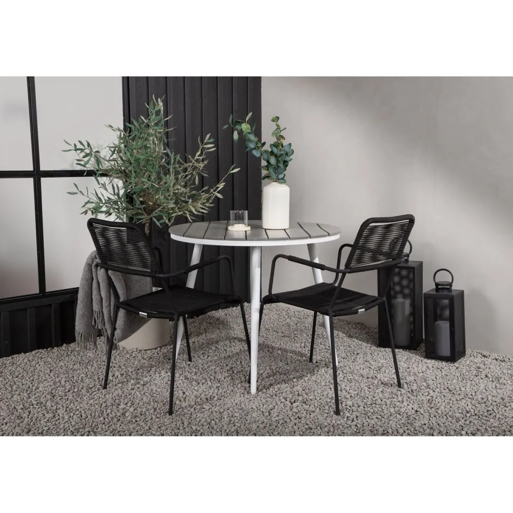Outlet Venture Home Parvekeryhmä , ø90cm, musta Break-pöytä + 2 ruskeaa Lindos-tuolia, käsinojilla