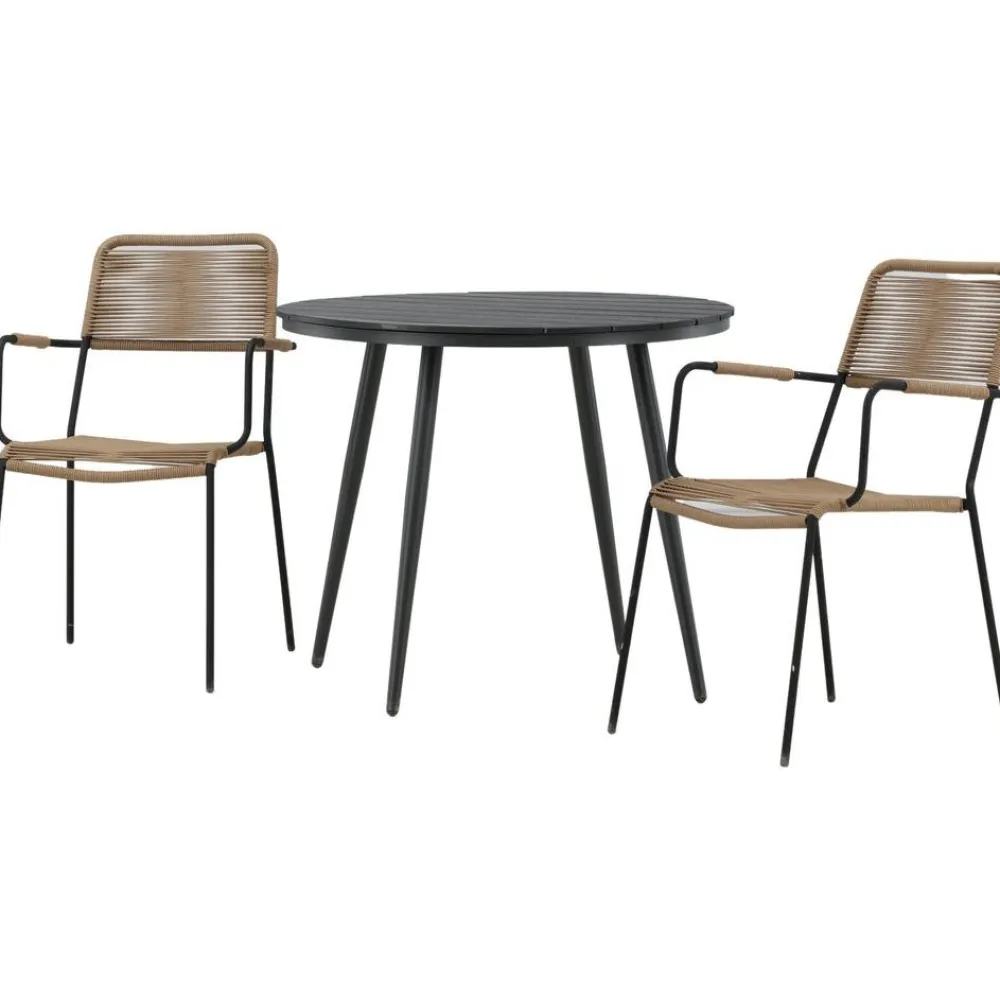 Outlet Venture Home Parvekeryhmä , ø90cm, musta Break-pöytä + 2 ruskeaa Lindos-tuolia, käsinojilla