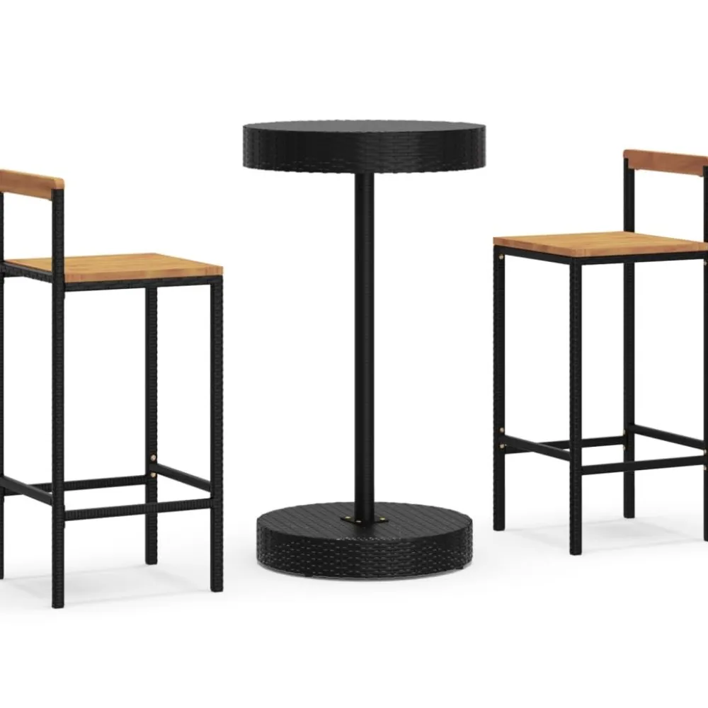 Outlet FinePRICE Puutarhan bistrosarja 3-osainen musta polyrottinki/täysi akasiapuu (87718)