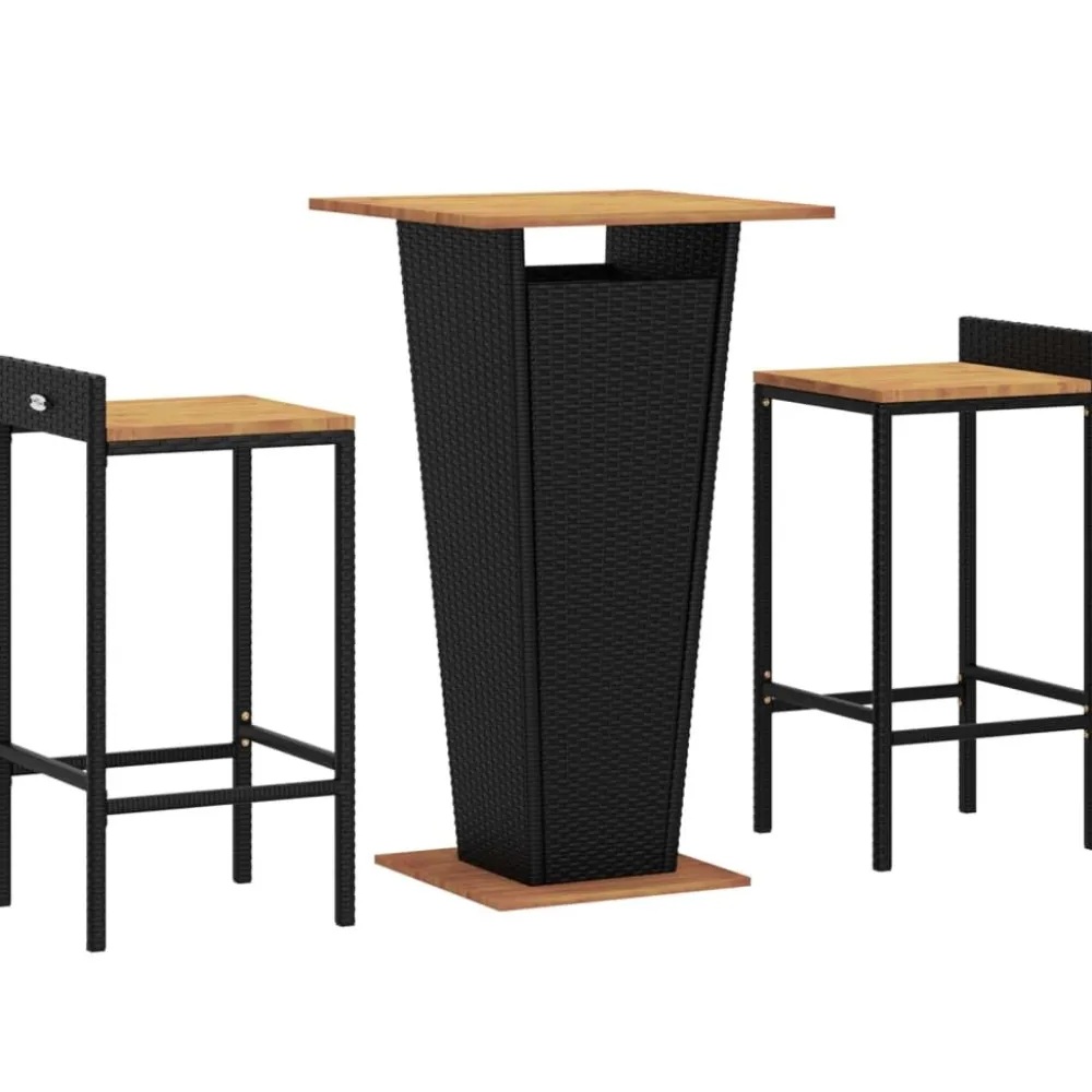 Clearance FinePRICE Puutarhan bistrosarja 3-osainen musta polyrottinki/täysi akasiapuu (87722)