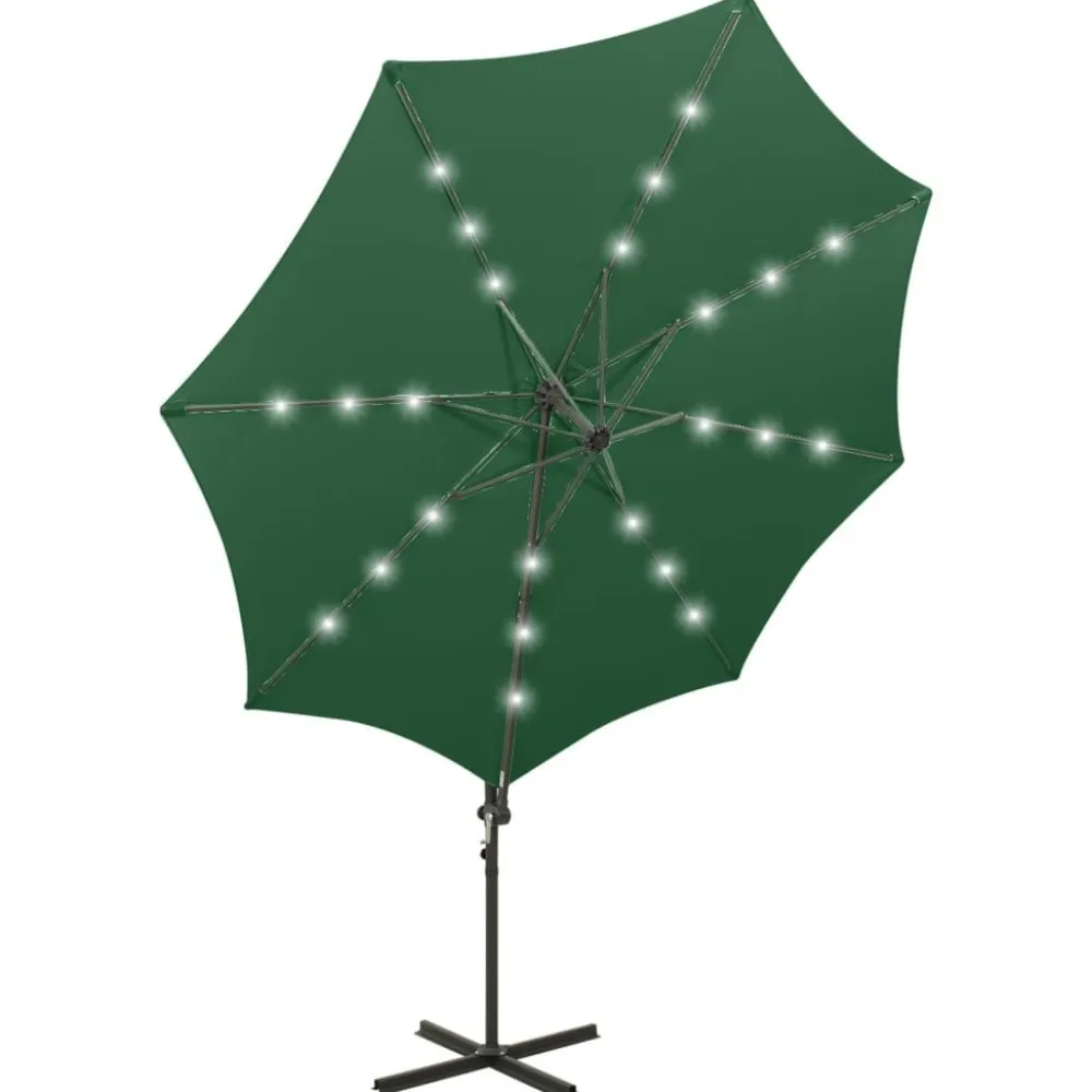 FinePRICE Riippuva aurinkovarjo 3 tangolla ja LED-valoilla 300 cm vihreä