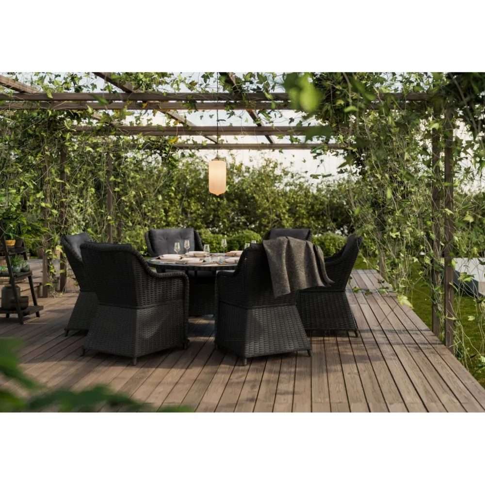 New Comfort Garden Ruokailuryhmä Marcus ø140 cm pöytä + 6 nojatuolia musta/harmaa