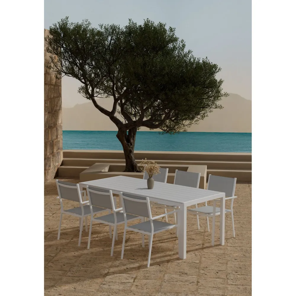 Online Venture Home Ruokailuryhmä ulos , valkoinen Break-pöytä 205x90cm + 6 harmaata Copacabana-tuolia