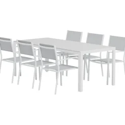 Online Venture Home Ruokailuryhmä ulos , valkoinen Break-pöytä 205x90cm + 6 harmaata Copacabana-tuolia