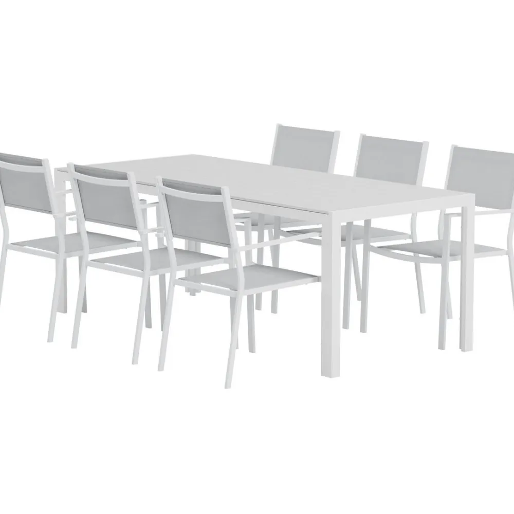 Online Venture Home Ruokailuryhmä ulos , valkoinen Break-pöytä 205x90cm + 6 harmaata Copacabana-tuolia